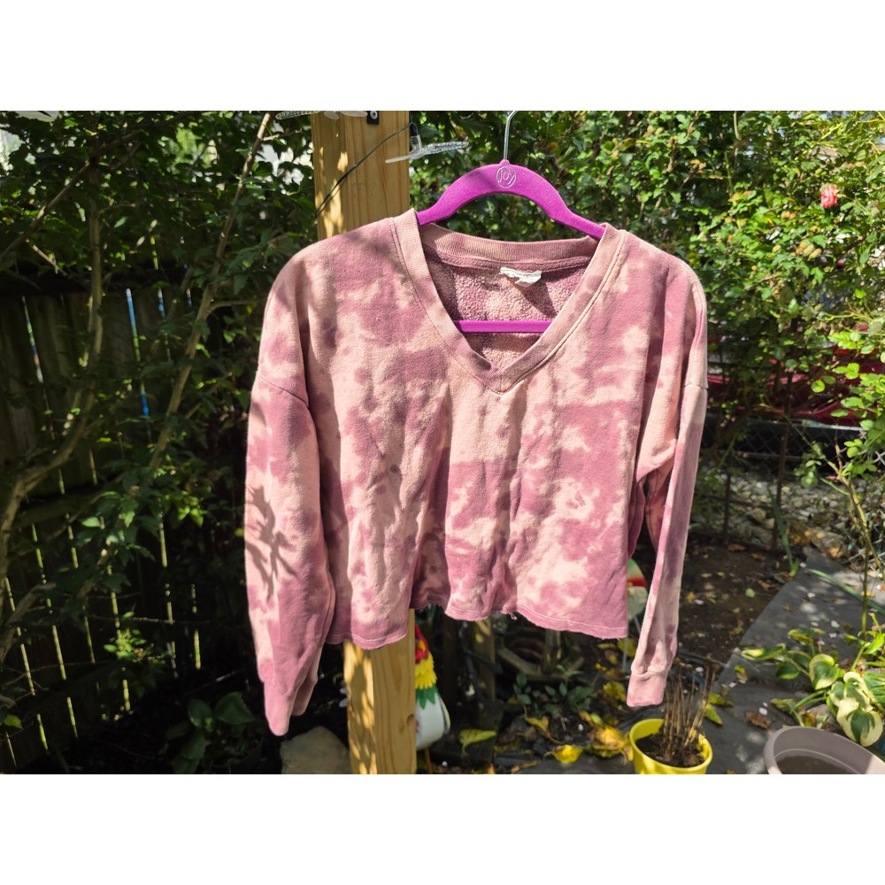 Cozie by Pink Rose Women Pink Purple Tie Dye V-Neck Cropped Sweatshirt Size M